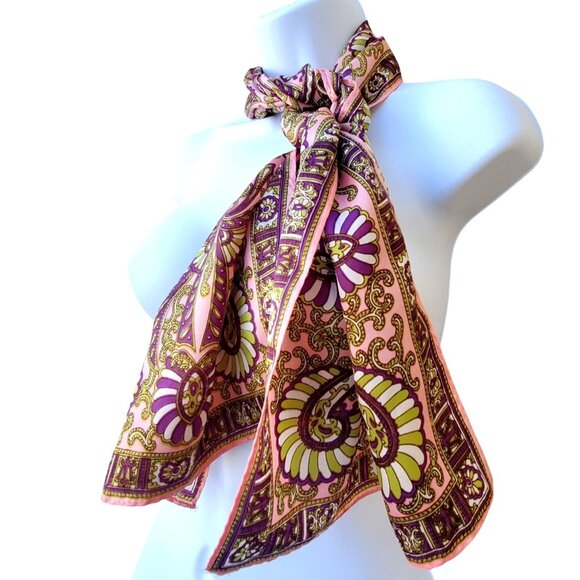 Vintage Pink & Purple Floral Paisley Silk Rectangular Scarf - Picture 1 of 10